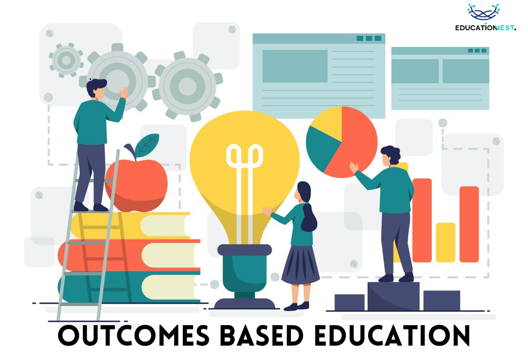 A vibrant vector illustration of a modern classroom showcasing 'Outcomes Based Education', with educators and students engaging in practical learning activities, emphasizing skill achievement and collaboration.