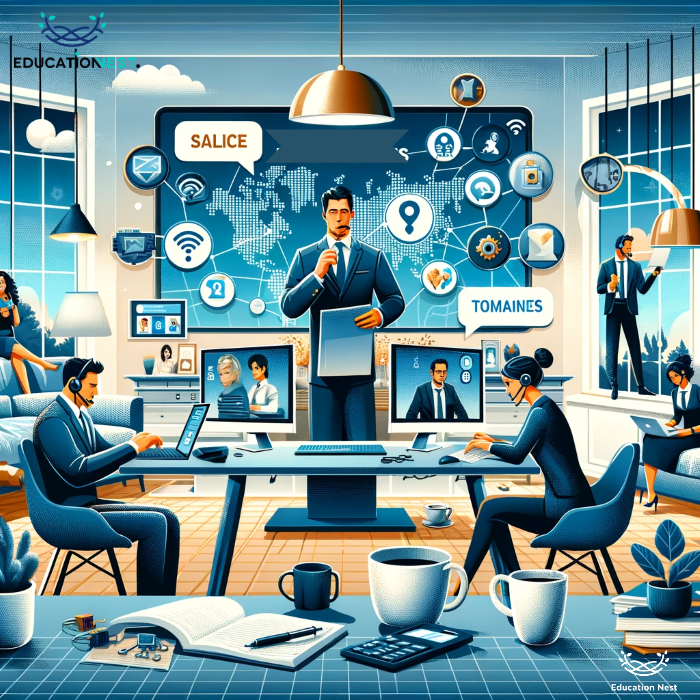 A home office scene depicting remote sales challenges with vector characters interacting around a digital screen showing sales strategies, tech issues, and global connectivity, set in a cozy yet professional environment.