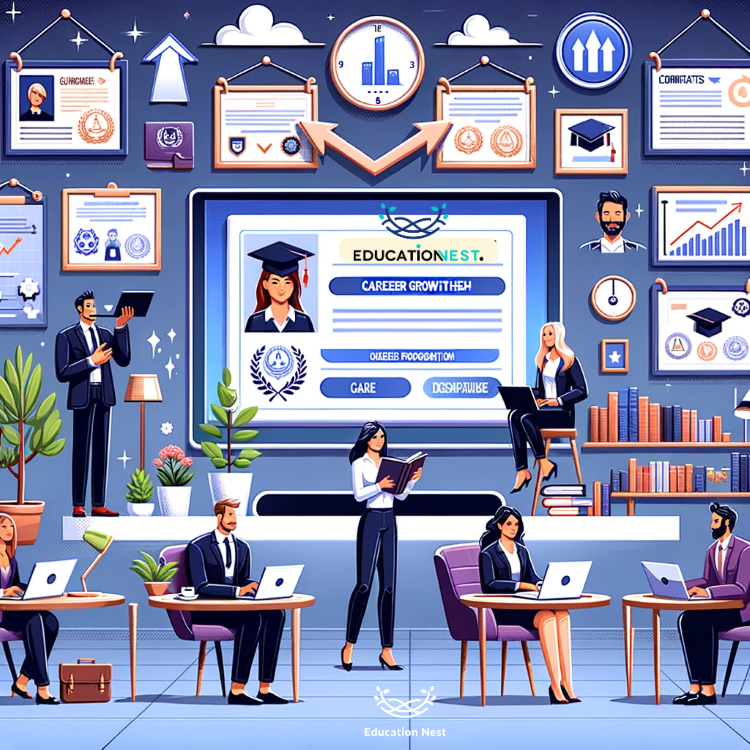 The scene features professional vector characters engaged in online certifications courses, set in a comfortable yet studious space, all depicted in a motivating, clean, and visually engaging vector graphic style.