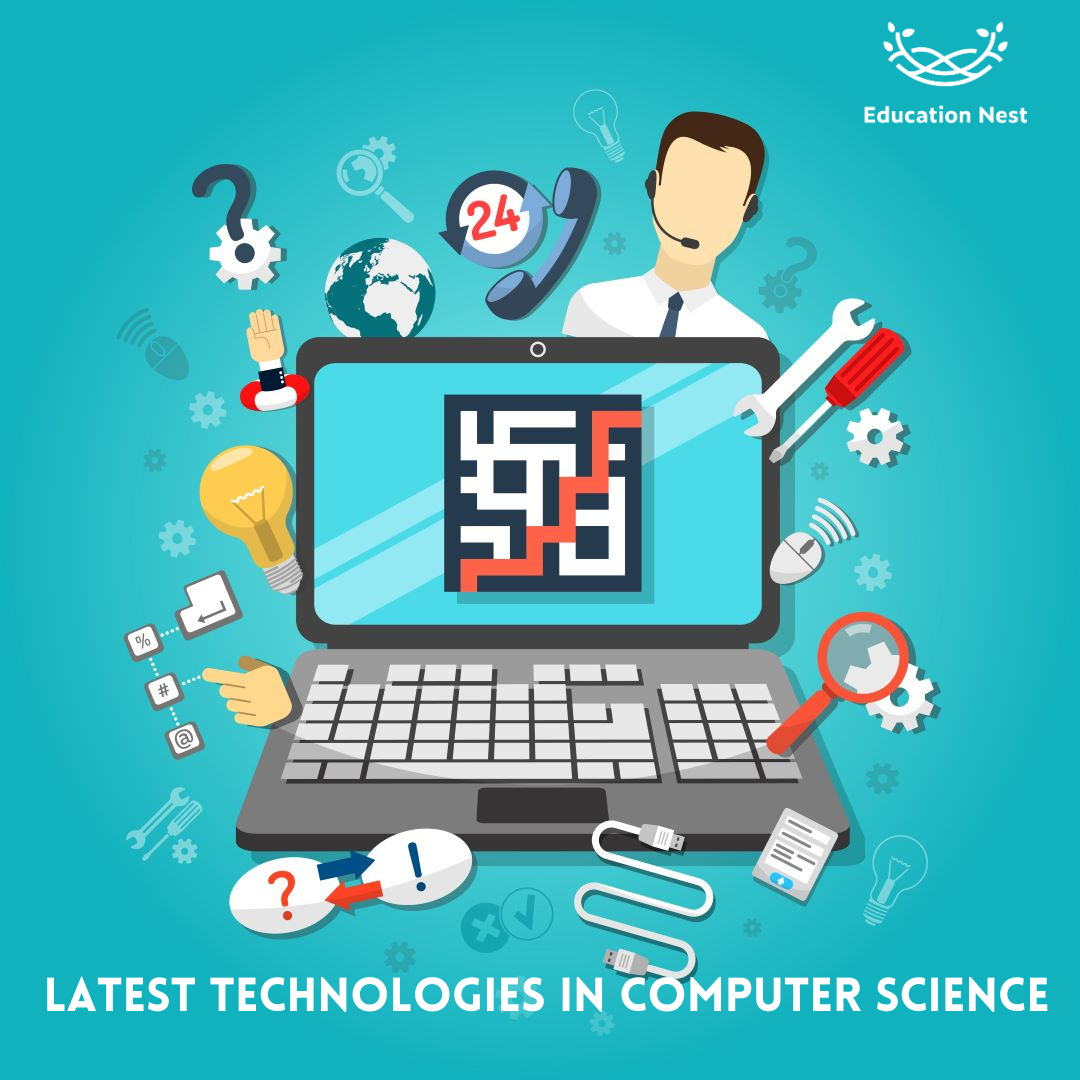 A collage of computer-related icons representing the latest technologies in computer science.
