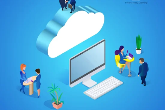 An illustration depicting cloud computing's impact on modern education, showcasing digital classrooms and collaborative learning tools.