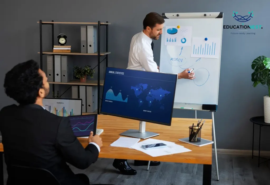 Two men in suits collaborate on a whiteboard, discussing data analysis methods for Power BI and Excel.