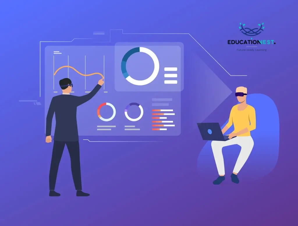 Two individuals analyze graphs on a laptop, exploring the impact of machine learning in predictive analytics.