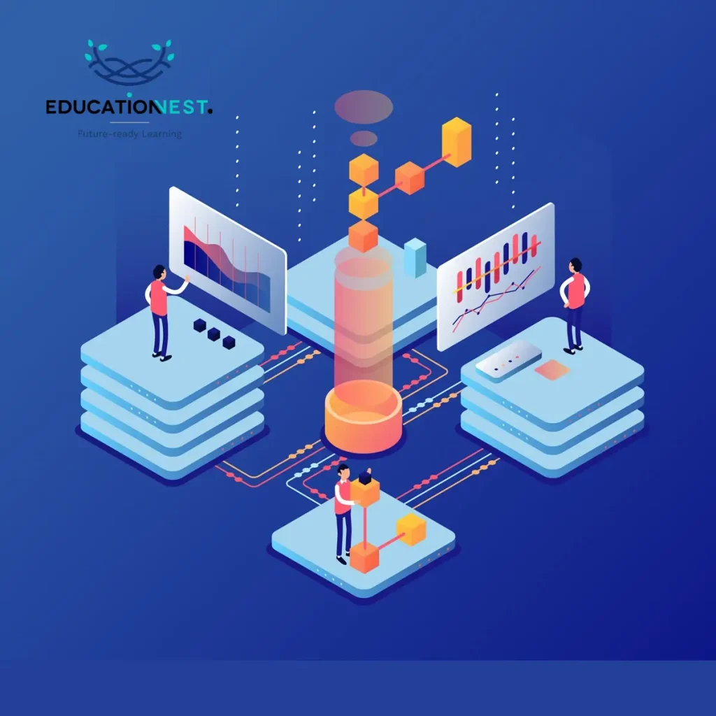 Isometric data visualization depicting individuals collaborating on data pipelines using Hadoop and Spark technologies.