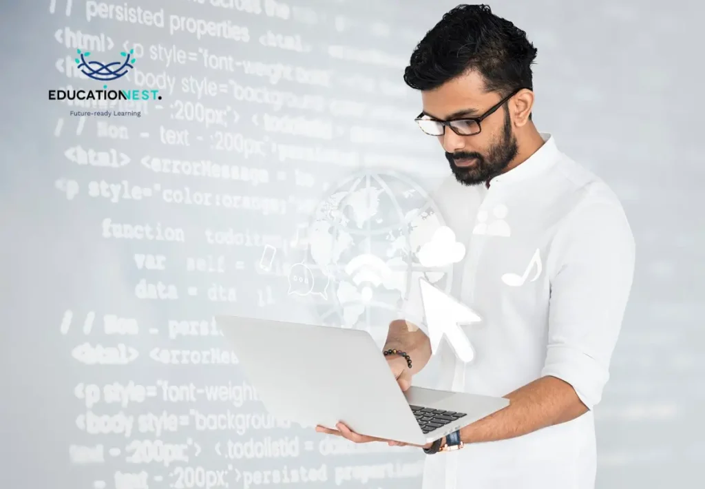 A man in a white shirt and glasses focused on his laptop, symbolizing coding skills enhancement with Top 10 Python libraries.