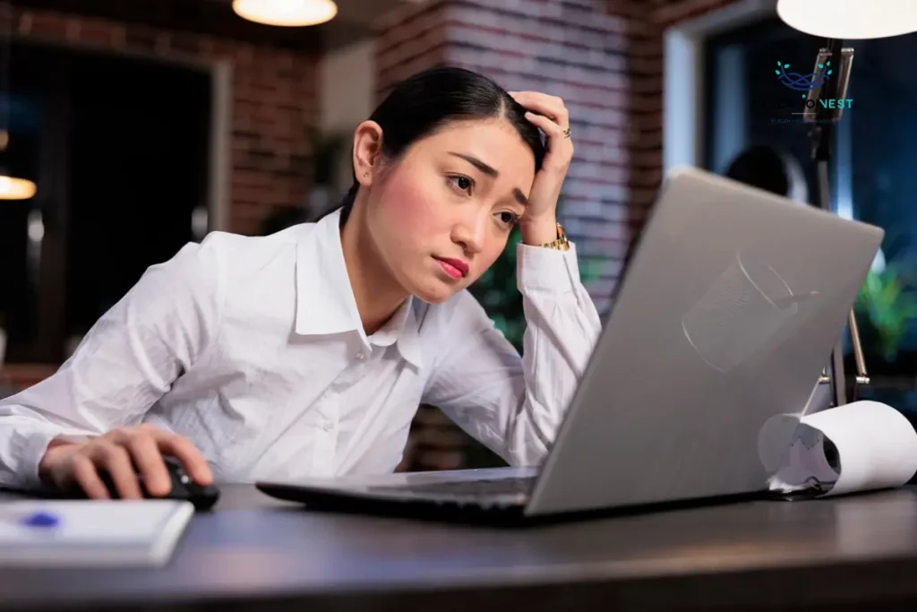 A woman with her head on her hand at a desk, representing the burnout: signs and the necessity for effective prevention strategies.