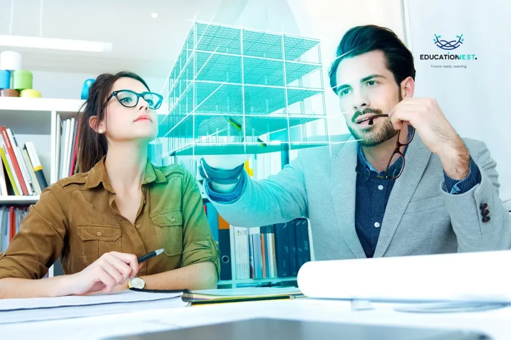 A man and woman observe a building, contemplating options for public, private, or hybrid cloud solutions for their business.