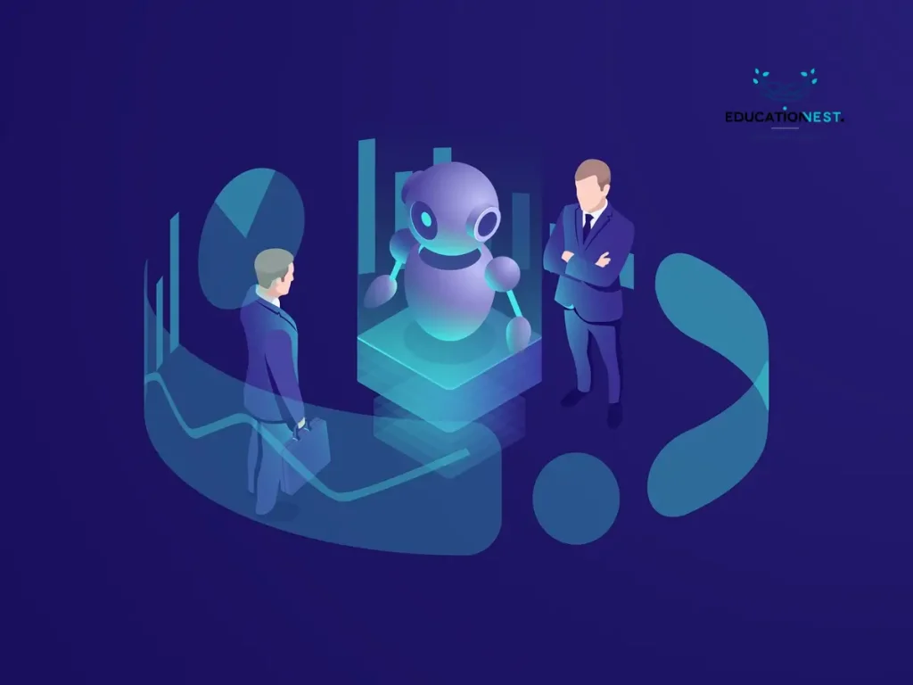 Two professionals in suits observe a robot, highlighting the role of AI and ML in improving customer experiences.