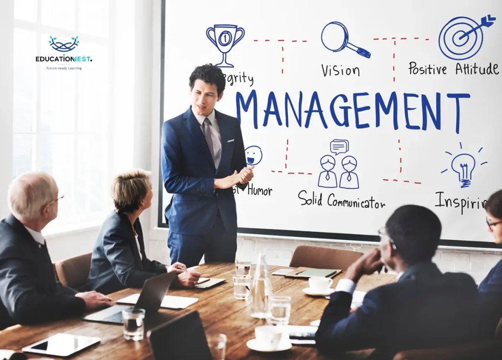 A man in a suit stands before a whiteboard displaying the word management, emphasizing key skills for project managers.