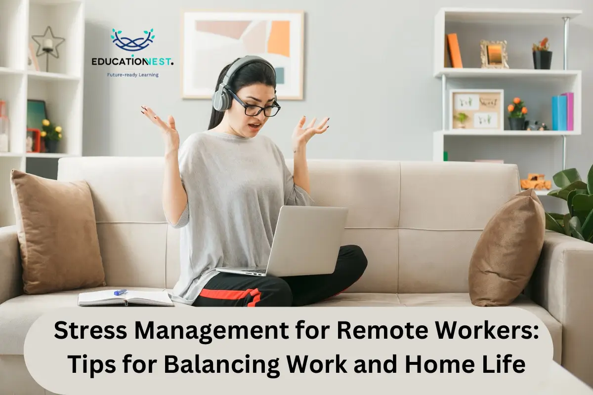 A woman relaxes on a couch, wearing headphones and using a laptop, embodying stress management for remote workers.