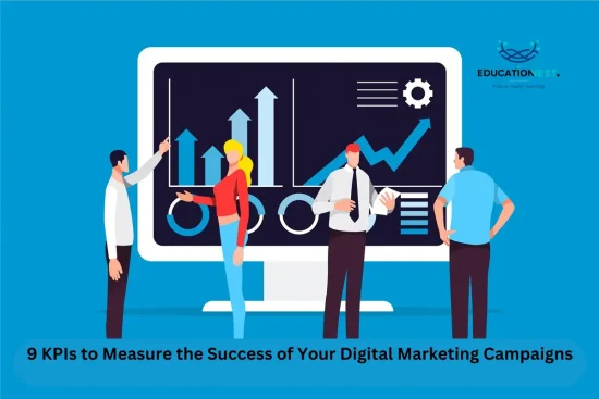 A group of business individuals reviews a computer screen displaying graphs, focusing on KPIs for effective digital marketing.