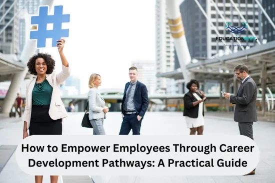 A woman holds a hashtag sign high, inspiring others focused on employee empowerment and career growth.