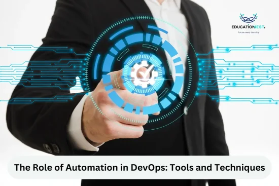 A businessman in a suit grips a button, representing the integration of automation tools in DevOps practices.