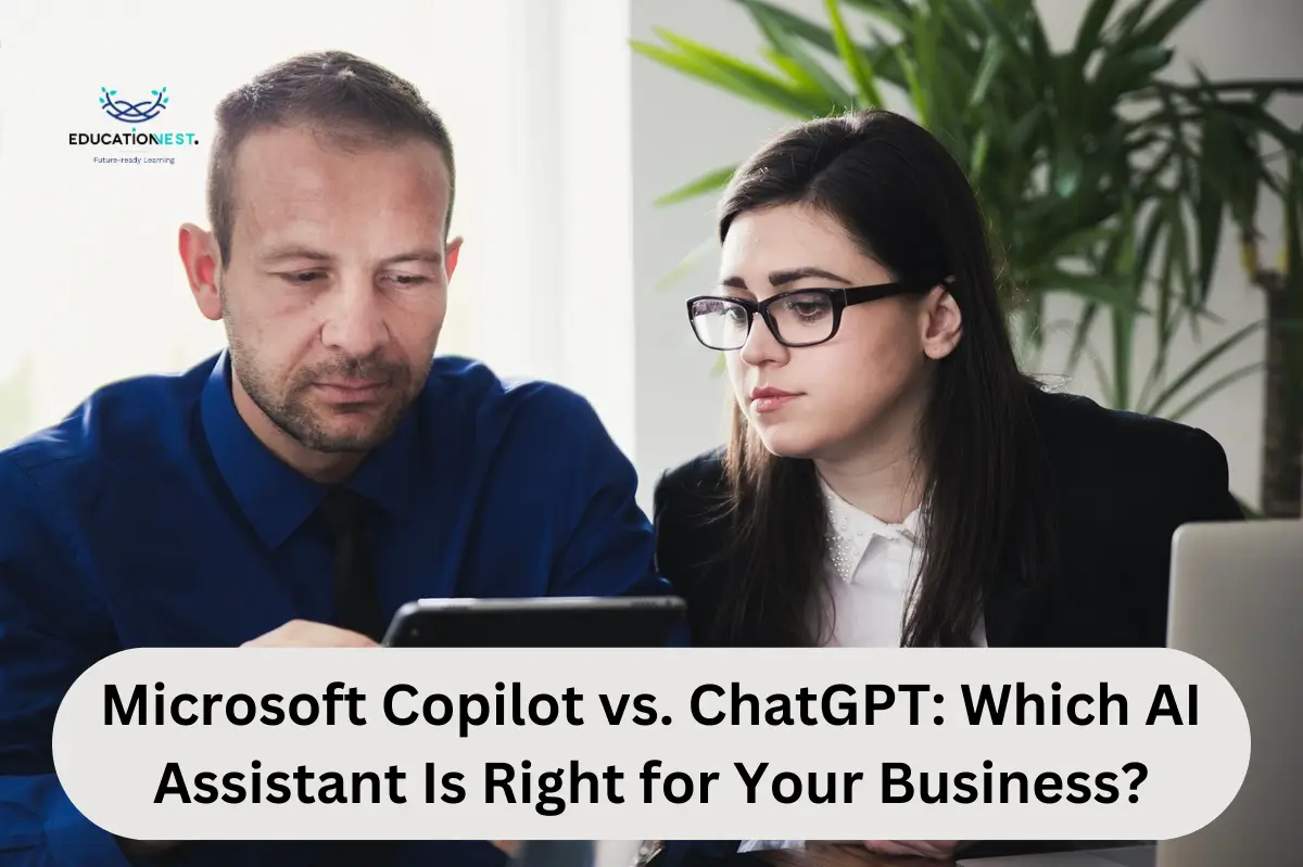 A man and woman in business attire collaboratively examining a tablet, discussing Microsoft Copilot and ChatGPT features.