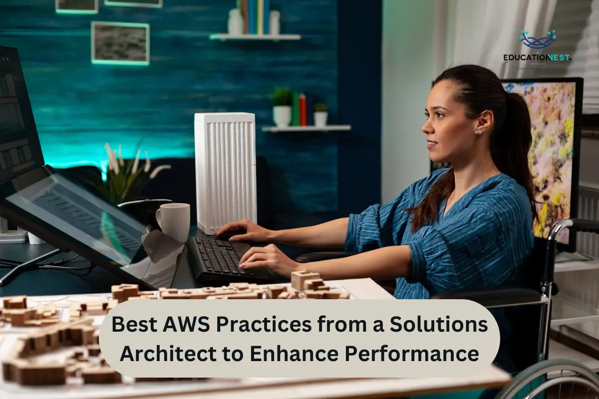 A woman at a desk with a computer and a city model, illustrating AWS best practices for enhanced performance.