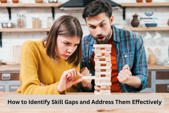 A man and woman playfully assembling a wooden tower, emphasizing teamwork and the importance of addressing skill gaps