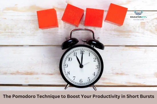 An alarm clock and red cubes on a wooden table, illustrating the Pomodoro Technique to improve focus and productivity.