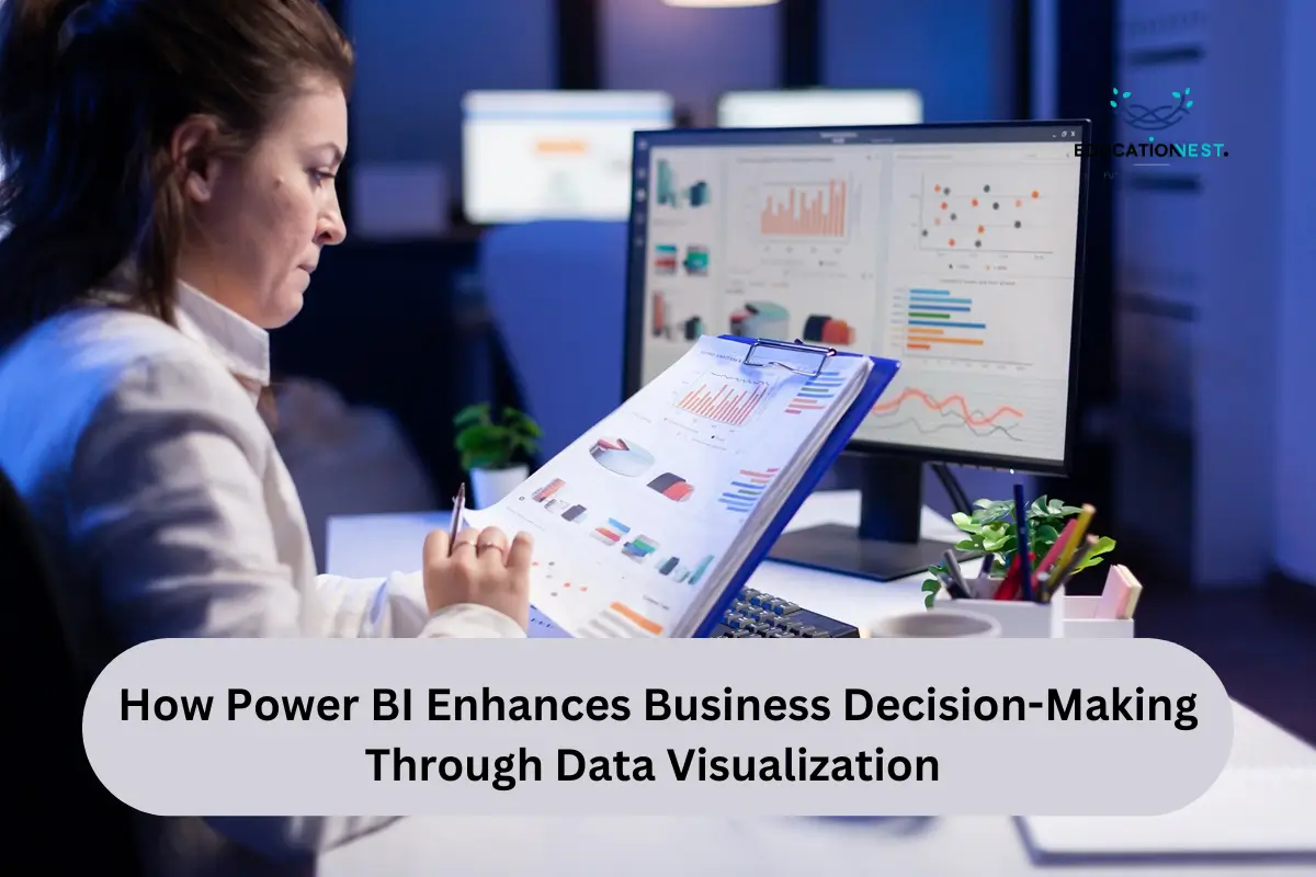 A woman studies a chart on a clipboard, showcasing the role of Power BI in enhancing business decision-making through data visualization.