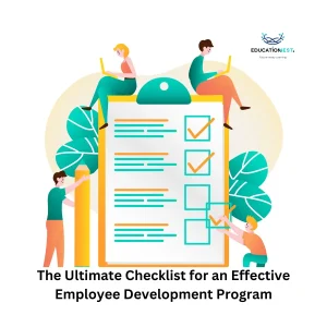 Individuals collaborating on a checklist while using a laptop, focused on enhancing employee development programs.