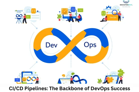 DevOps logo surrounded by professionals collaborating on CI/CD pipelines, symbolizing teamwork and innovation in software development.