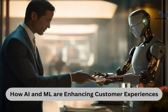 A man in a suit shakes hands with a robot, symbolizing the collaboration between AI and human expertise in customer service.