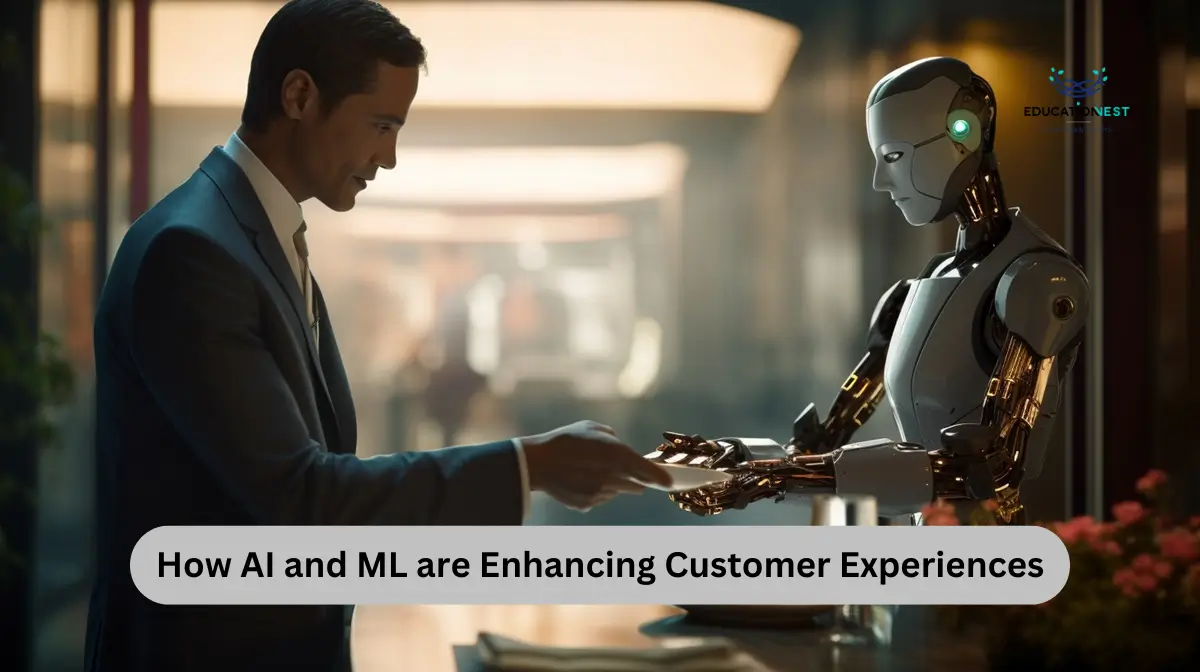 A man in a suit shakes hands with a robot, symbolizing the collaboration between AI and human expertise in customer service.