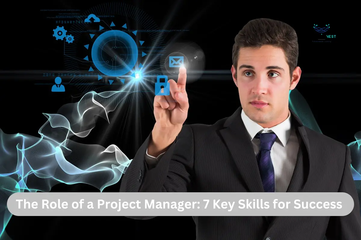 A man in a suit presses a button featuring various icons, symbolizing project management skills and decision-making.