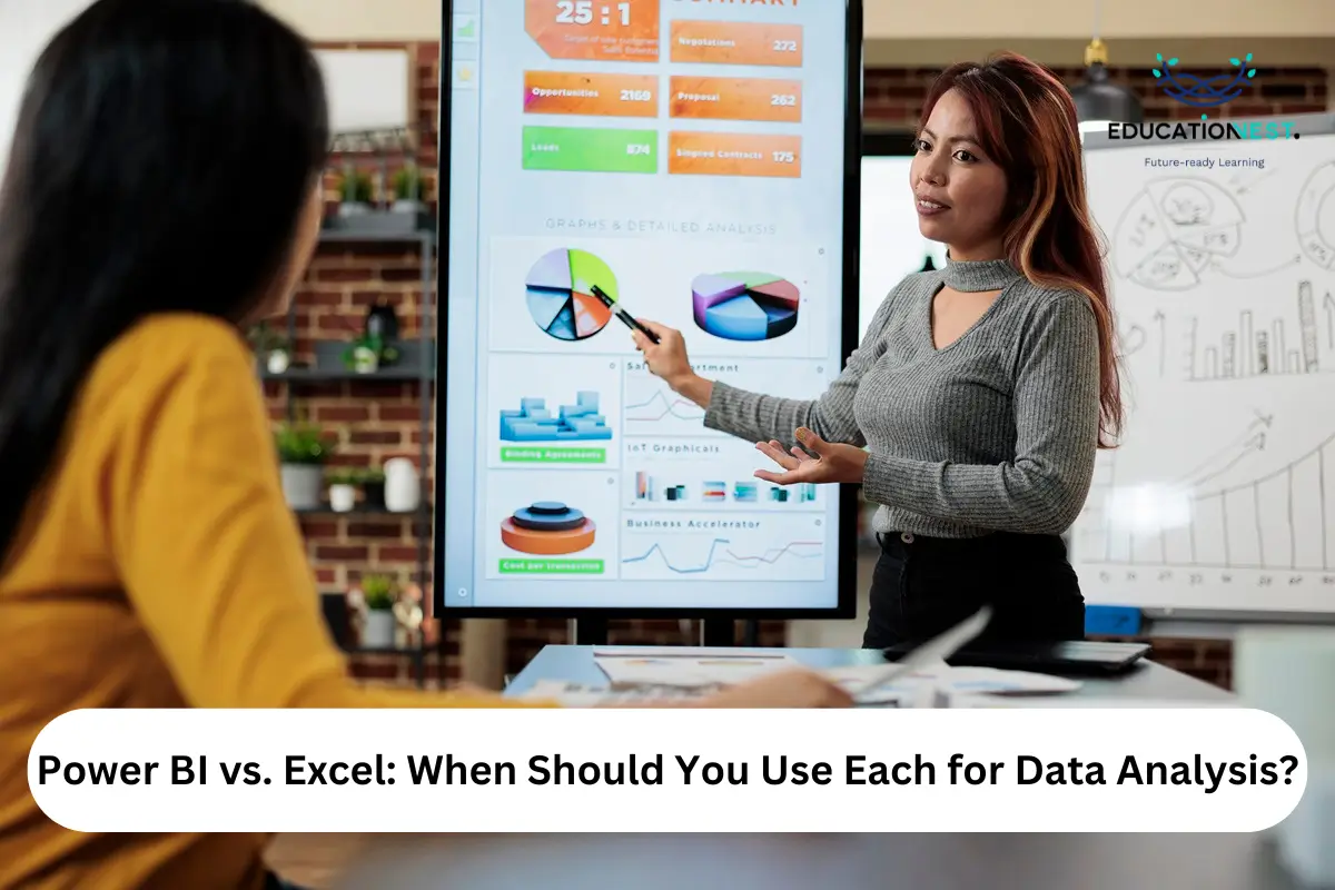 A woman stands before a whiteboard, illustrating the differences between Power BI and Excel for data analysis.