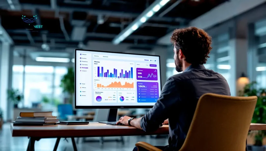 A man at a desk analyzes graphs on a computer screen, showcasing Power BI dashboards for business insights.