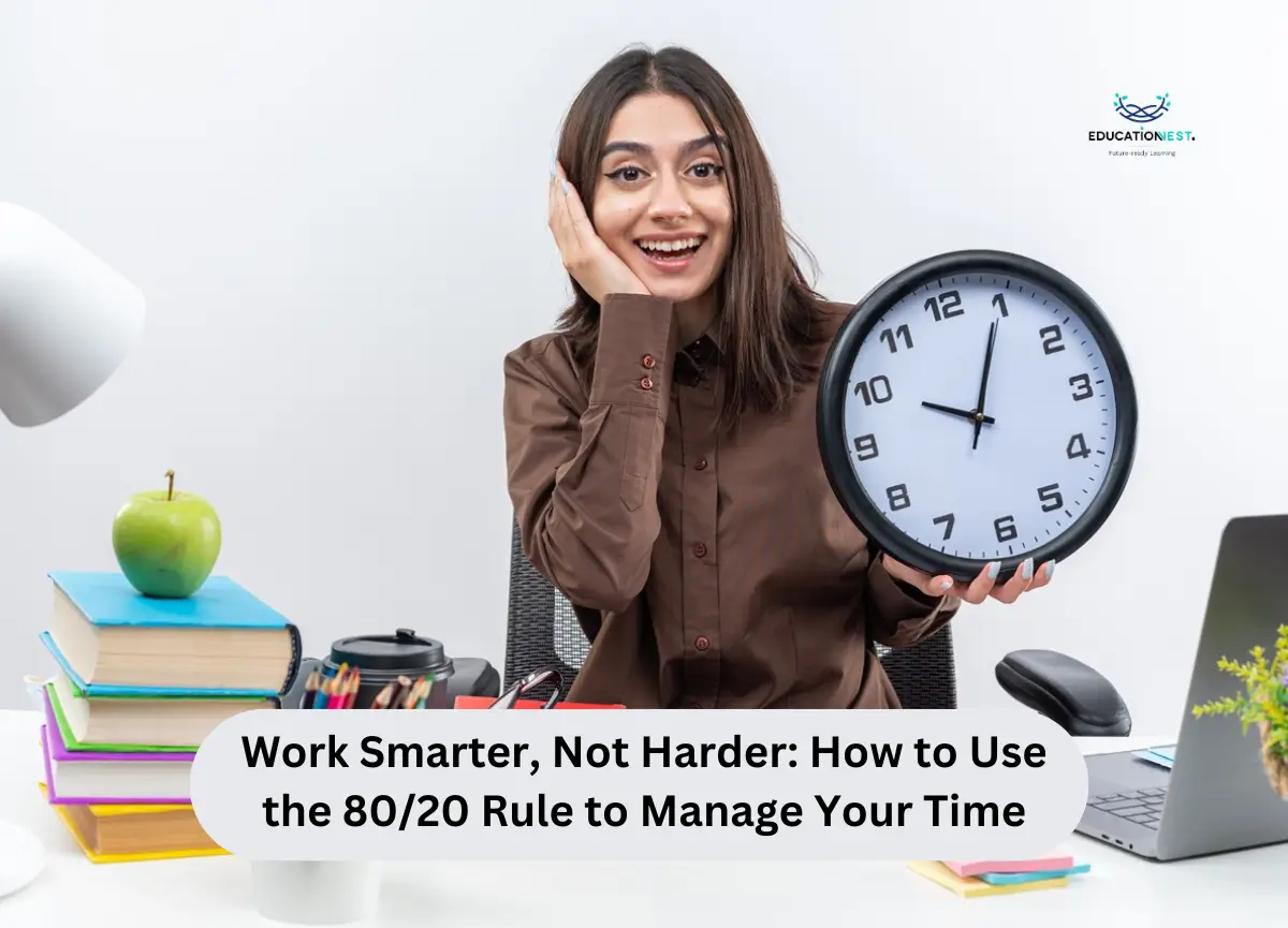 A woman at a desk holds a clock, illustrating the 80/20 Rule for effective time management.