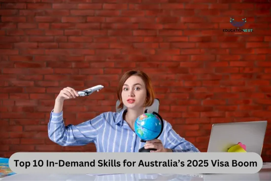 Woman holding a globe and toy airplane, planning for Australia’s 2025 Visa Boom, with a laptop, map, and notebook on her desk against a red brick wall.