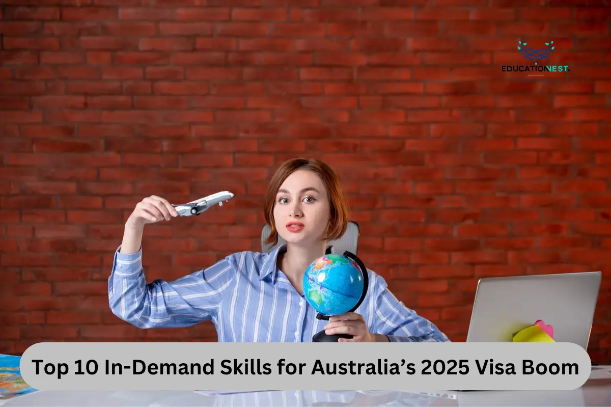 Woman holding a globe and toy airplane, planning for Australia’s 2025 Visa Boom, with a laptop, map, and notebook on her desk against a red brick wall.