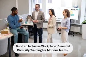 A diverse group of professionals standing together in an office, engaged in discussion about workplace inclusivity.