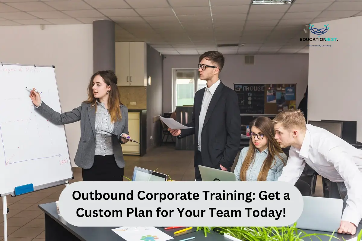 A diverse group of professionals engaged in an office setting during an outbound corporate training session.