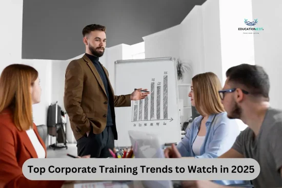 A man delivers a presentation on emerging corporate training trends for 2025 to an engaged group of colleagues.