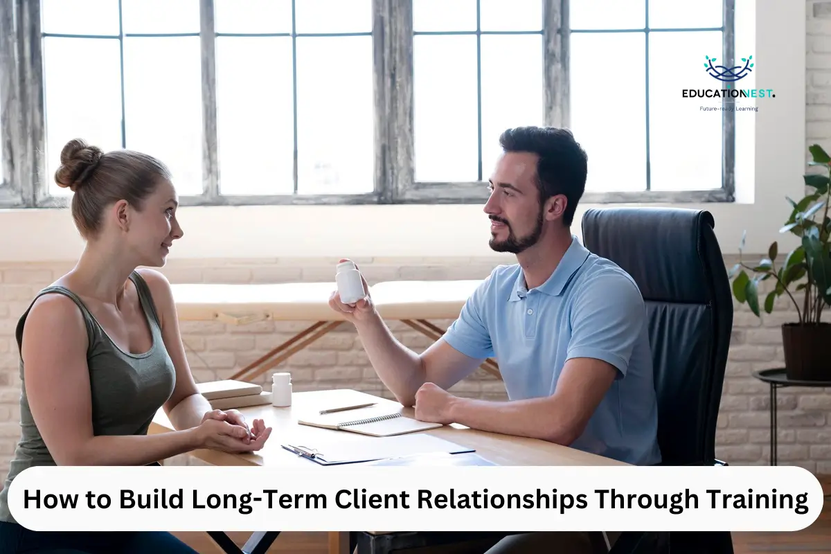 A man and woman seated at a table, discussing a bottle of pills, symbolizing long-term client relationships.