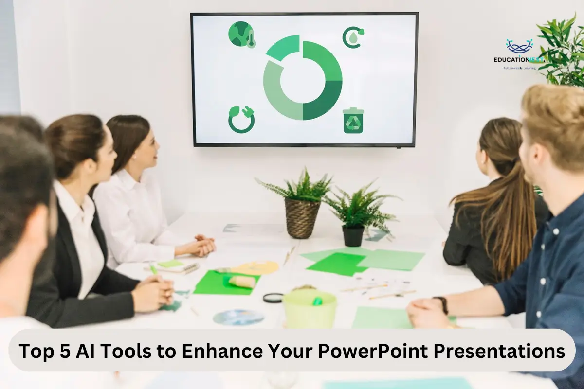 Business professionals engaged in a meeting, analyzing a green chart displayed on a screen to enhance PowerPoint presentations.