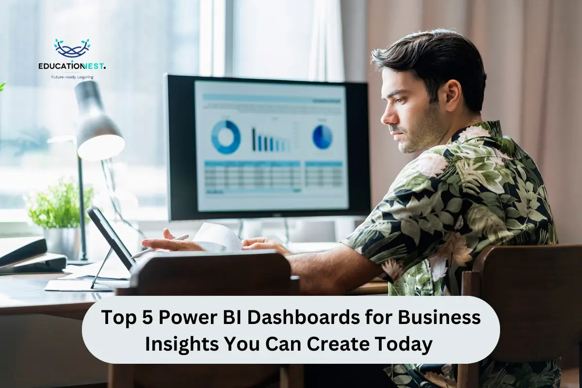 A man in a floral shirt sits at a desk, working on a laptop, exploring Power BI dashboards for business insights.