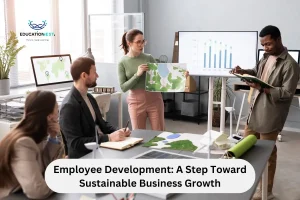 A group of individuals in an office setting with a solar panel, representing the focus on sustainable business growth initiatives.