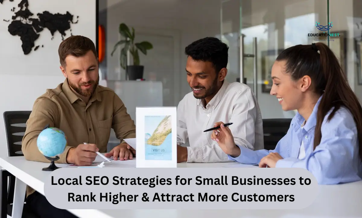 Three individuals engaged in discussion at a table, with a globe prominently displayed, symbolizing global outreach in local SEO strategies.