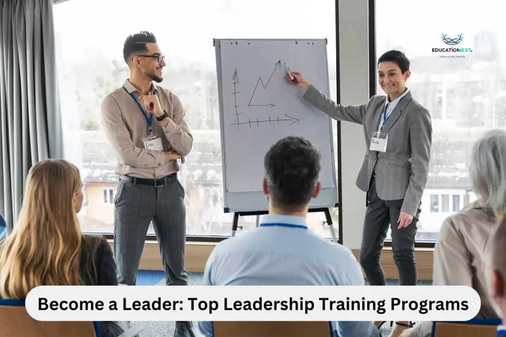 A man and woman present to an audience, promoting leadership training programs titled "Become a Leader."