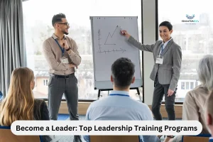 A man and woman present to an audience, promoting leadership training programs titled "Become a Leader."