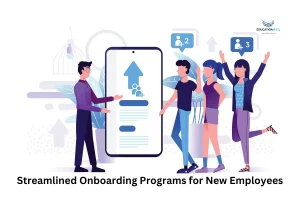 A group of people gathered around a smartphone, with an upward arrow, symbolizing streamlined onboarding for new employees.