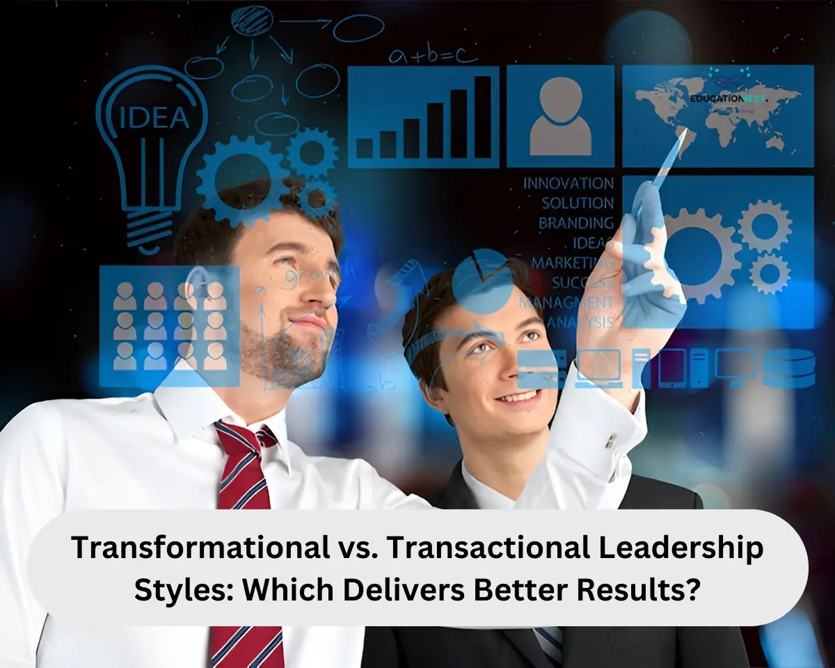 Conceptual illustration of Transformational vs Transactional Leadership Styles, showing innovation, strategy, and team management.