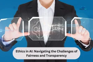 A professional using futuristic technology to explore Ethics in AI.