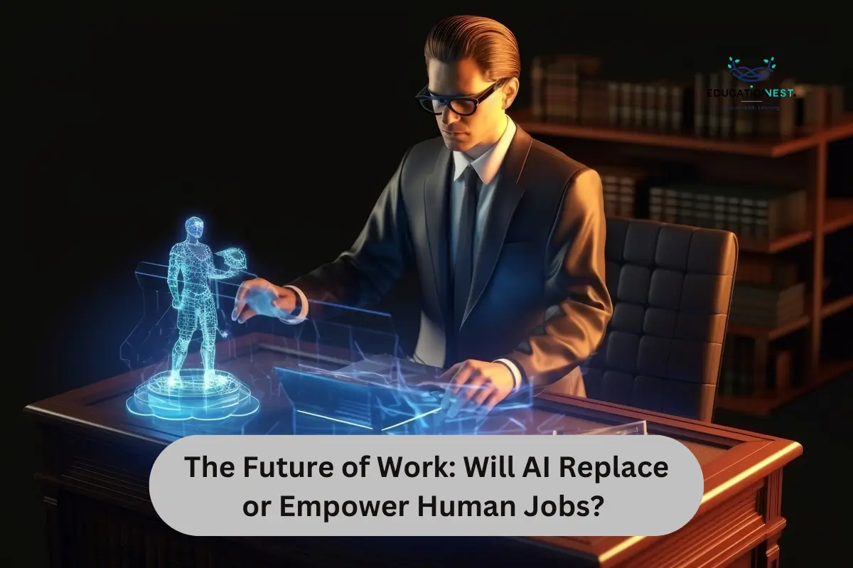 A professional using AR technology, reflecting on the question: Will AI Replace or Empower Human Jobs?