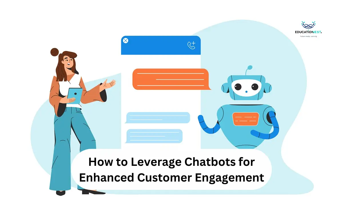 Leverage Chatbots for Enhanced Customer Engagement with a friendly blue chatbot interacting with a woman through a digital chat interface.