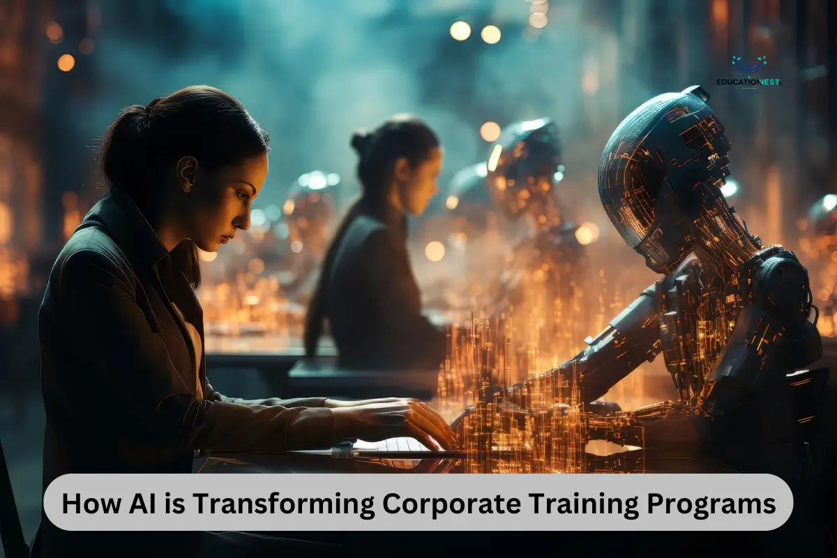 A woman sits at a table with a laptop, engaged in work related to AI's impact on corporate training programs.