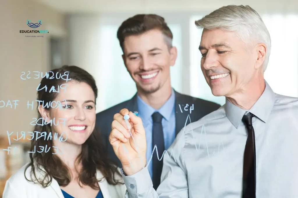 Three business professionals stand before a whiteboard discussing the top employee well-being trends for HR leaders in 2025.