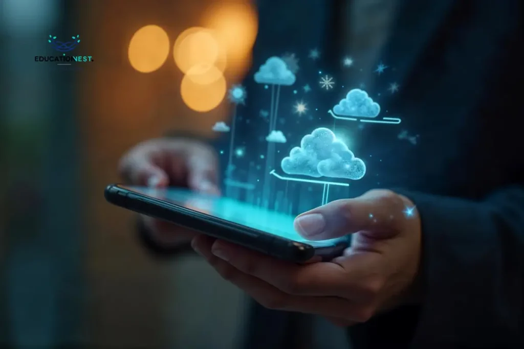 Businessman holding a smartphone displaying cloud computing icons, illustrating disaster recovery in the cloud concept.
